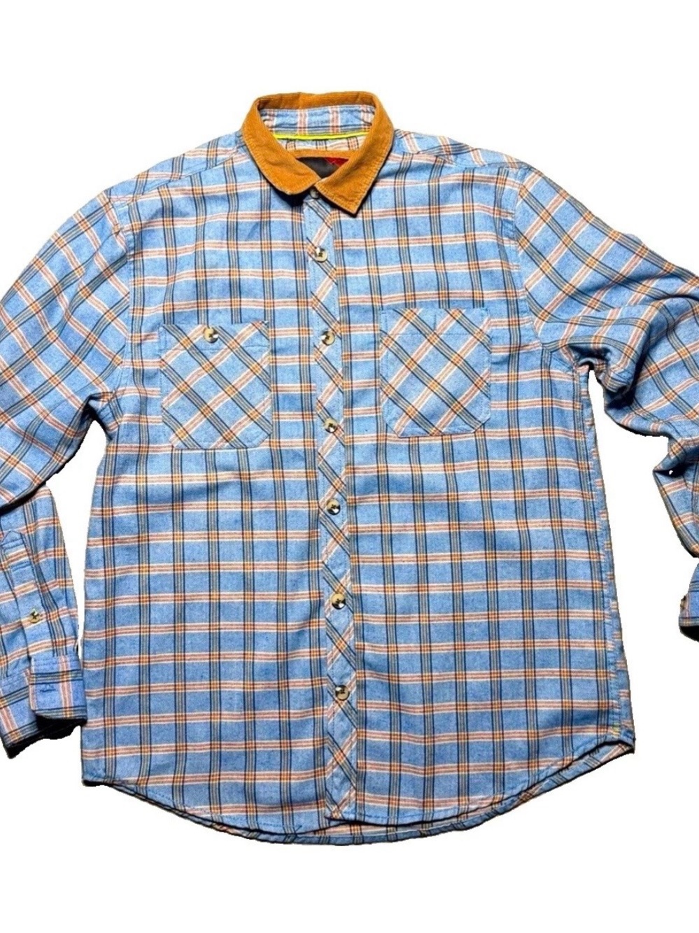 Essentials Blue and Tan Plaid Button-Down Shirt with Contrast Collar